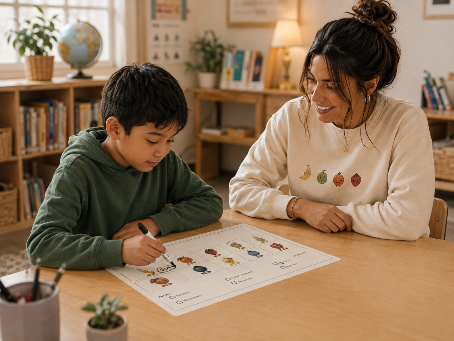 Student using a reusable How Are You Peeling desk check-in mat with teacher support