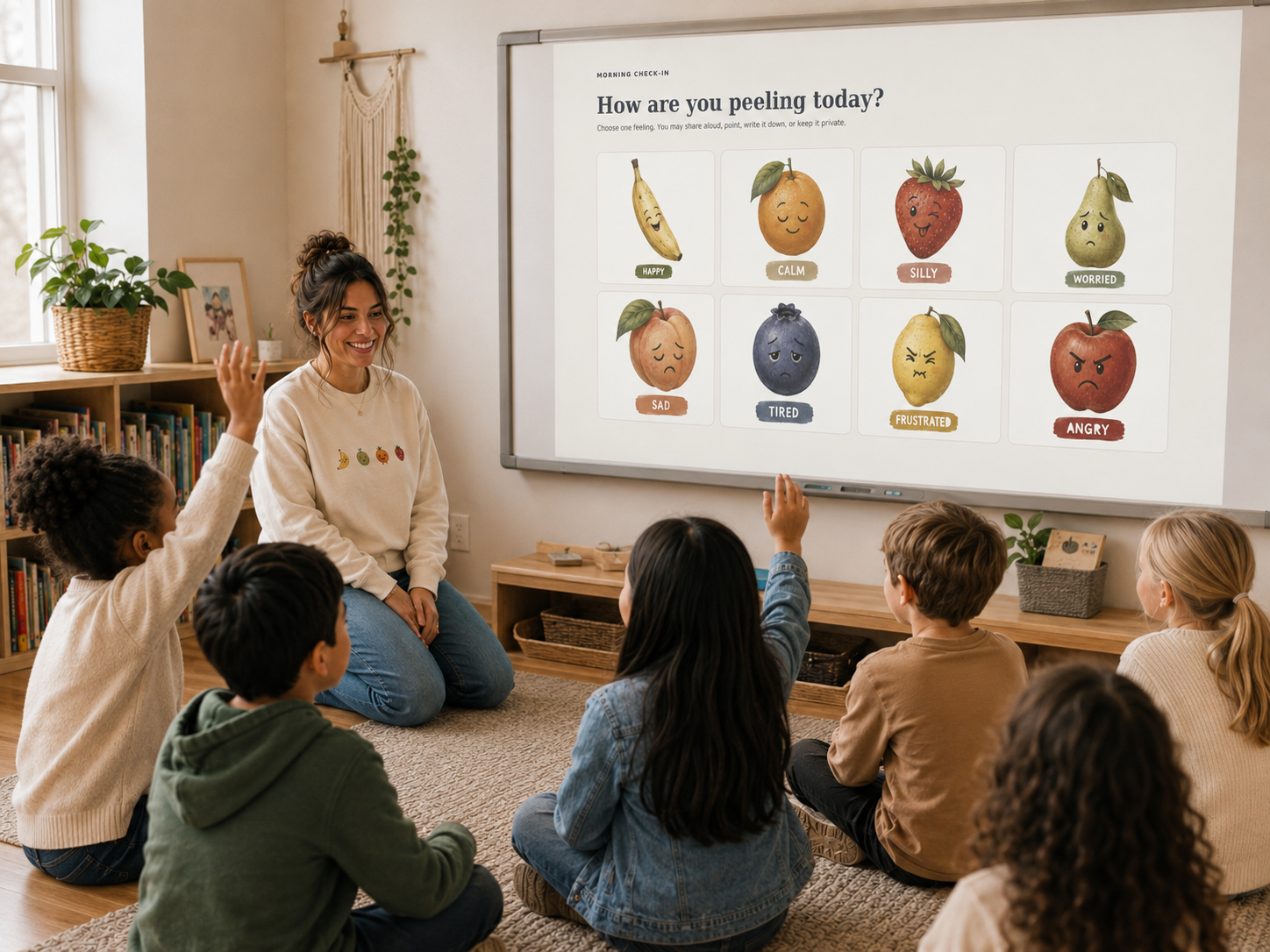 Teacher using the How Are You Peeling morning check-in projector slide with students