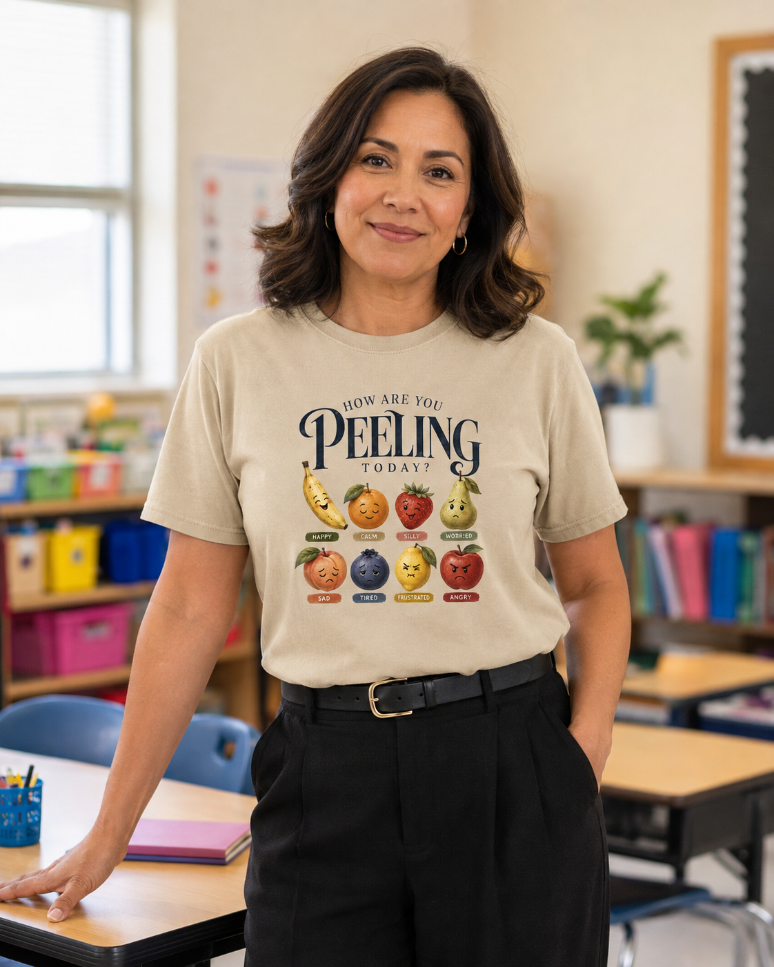 Teacher wearing the How Are You Peeling Today Comfort Colors tee in Sandstone