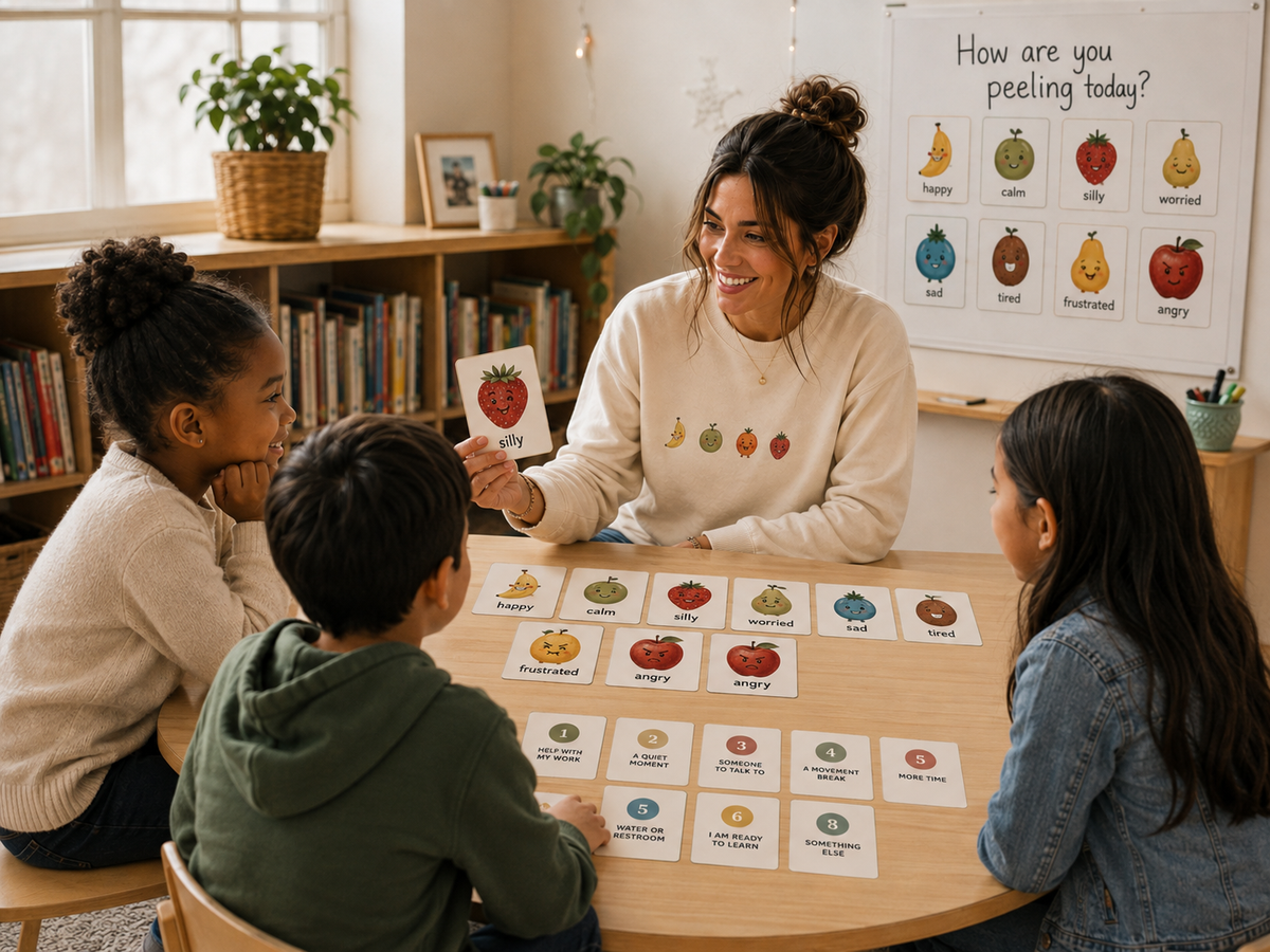 Teacher using How Are You Peeling emotion and support cards with a small group of students