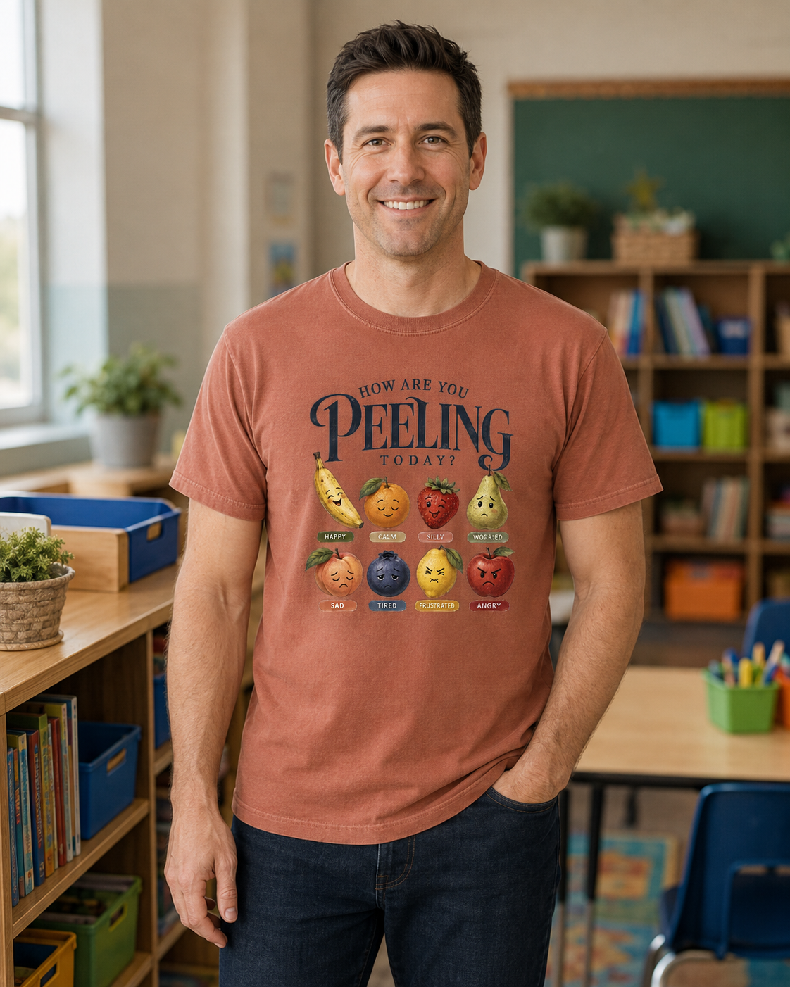 Teacher wearing the How Are You Peeling Today Comfort Colors tee in Terracotta