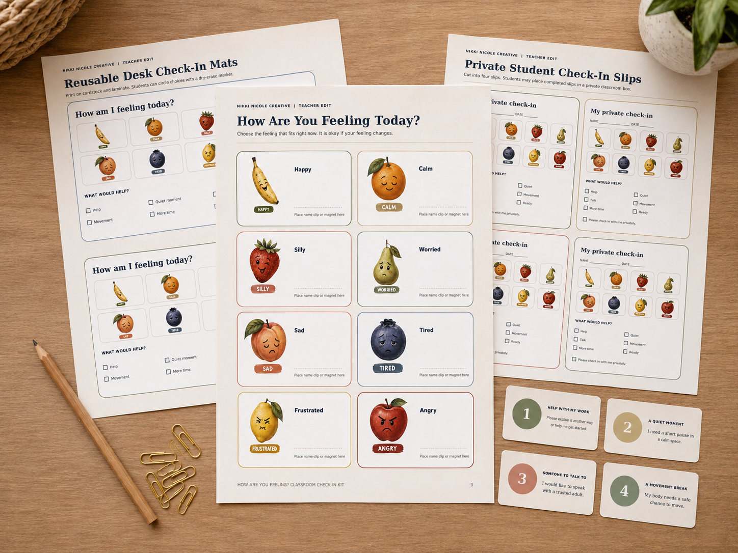 Styled flat lay of How Are You Peeling classroom check-in toolkit pages and support cards