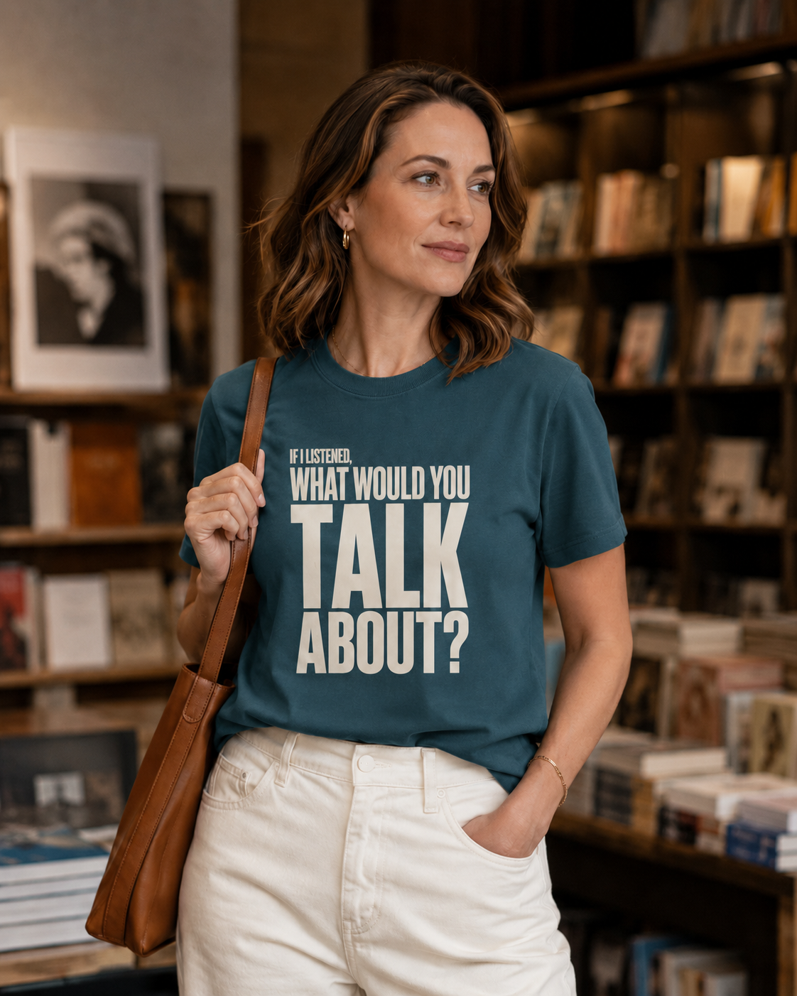 Woman wearing the If I Listened What Would You Talk About statement tee in blue spruce with cream denim