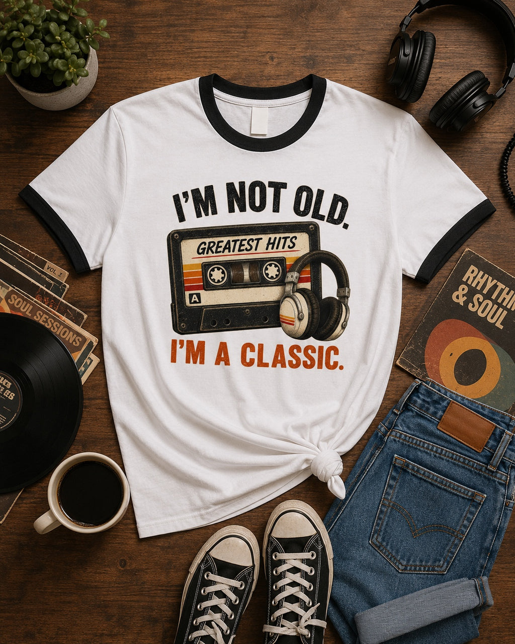 I'm Not Old, I'm a Classic black-trim ringer tee flat lay