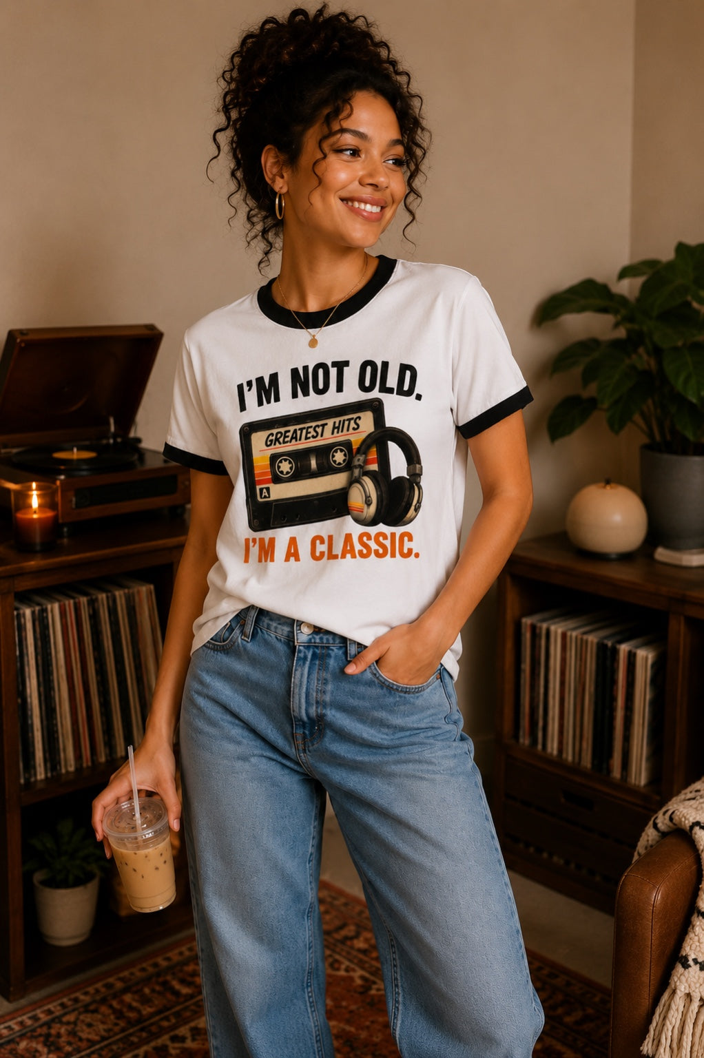 Woman wearing the I'm Not Old, I'm a Classic black-trim ringer tee in a retro music room