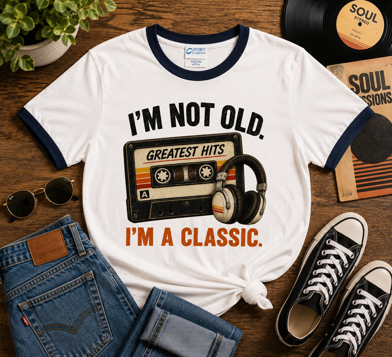 I'm Not Old, I'm a Classic navy-trim ringer tee flat lay