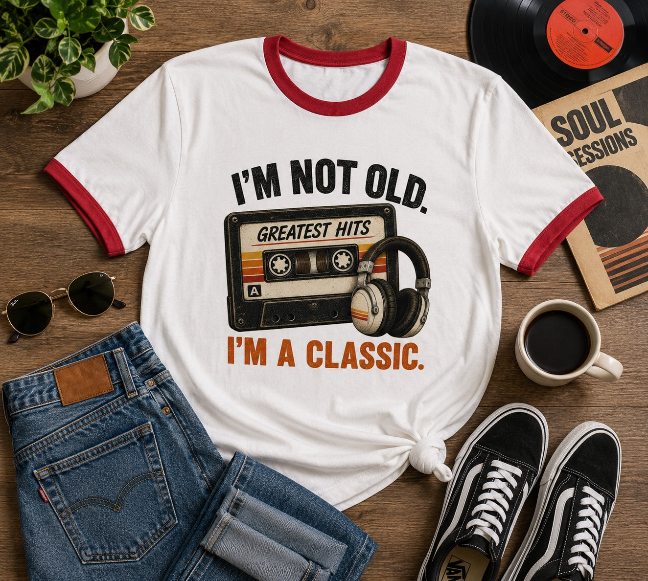 I'm Not Old, I'm a Classic red-trim ringer tee flat lay
