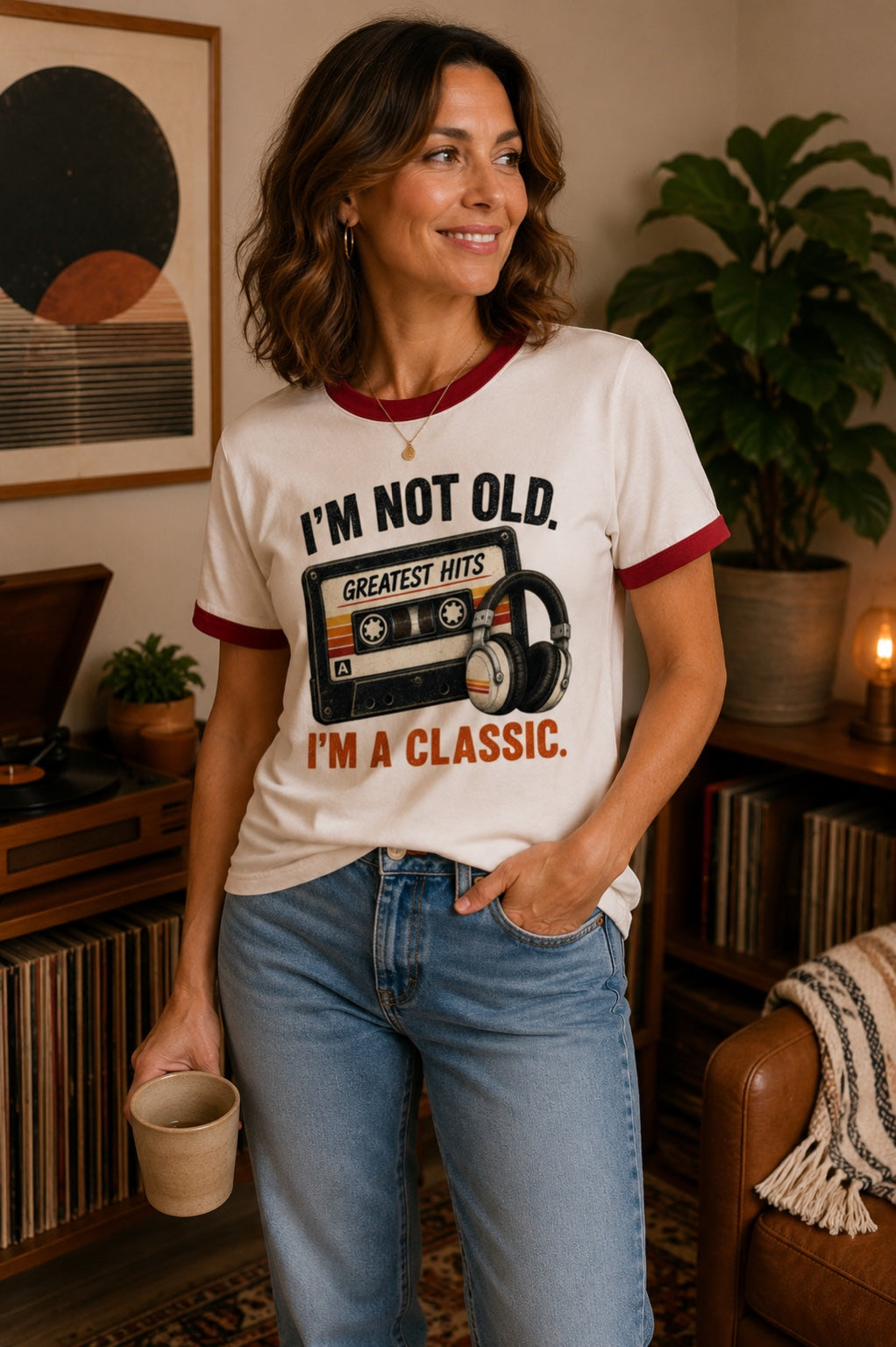 Woman wearing the I'm Not Old, I'm a Classic red-trim ringer tee in a retro music room