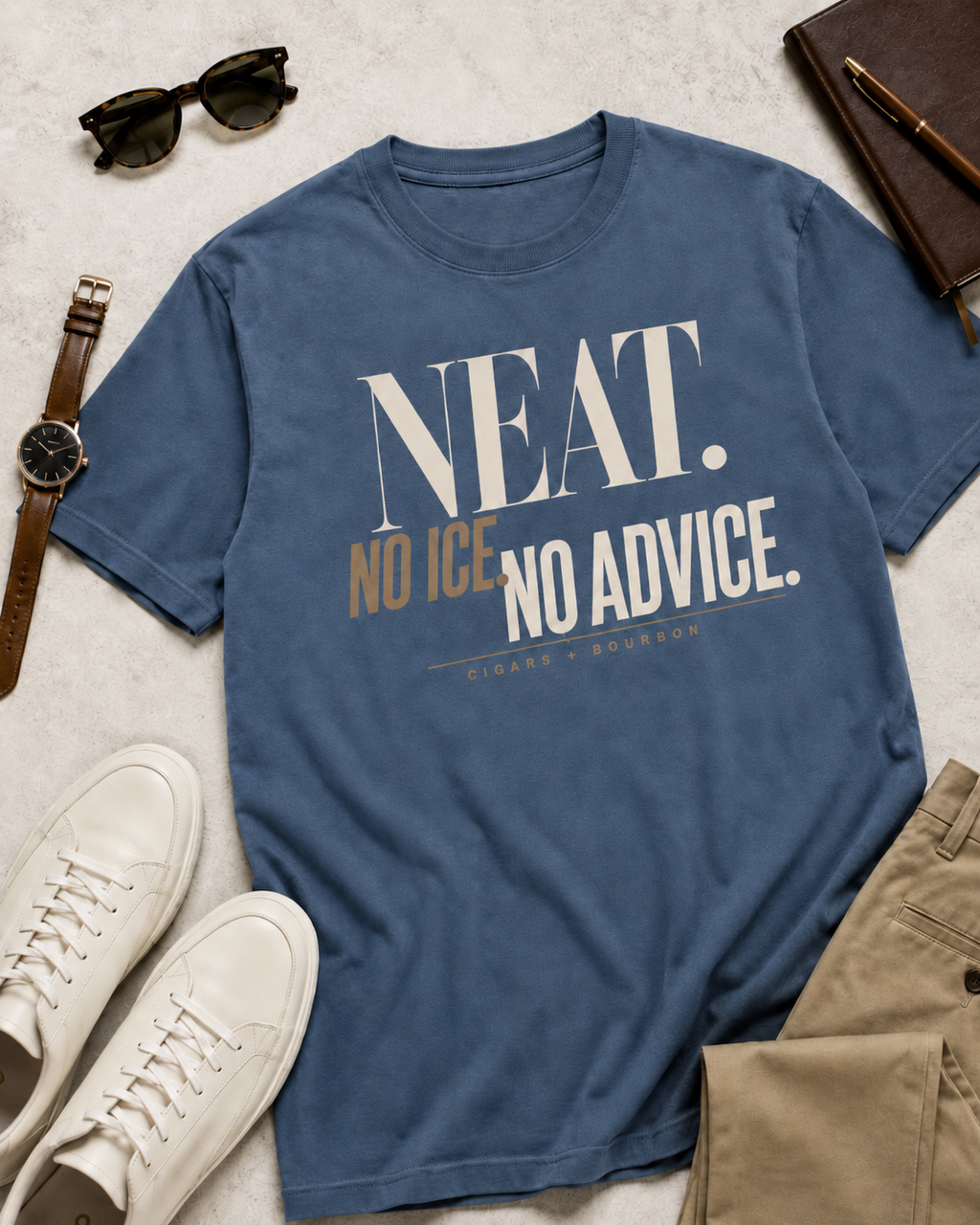 Neat No Ice No Advice men's statement tee in Blue Jean flat lay mockup