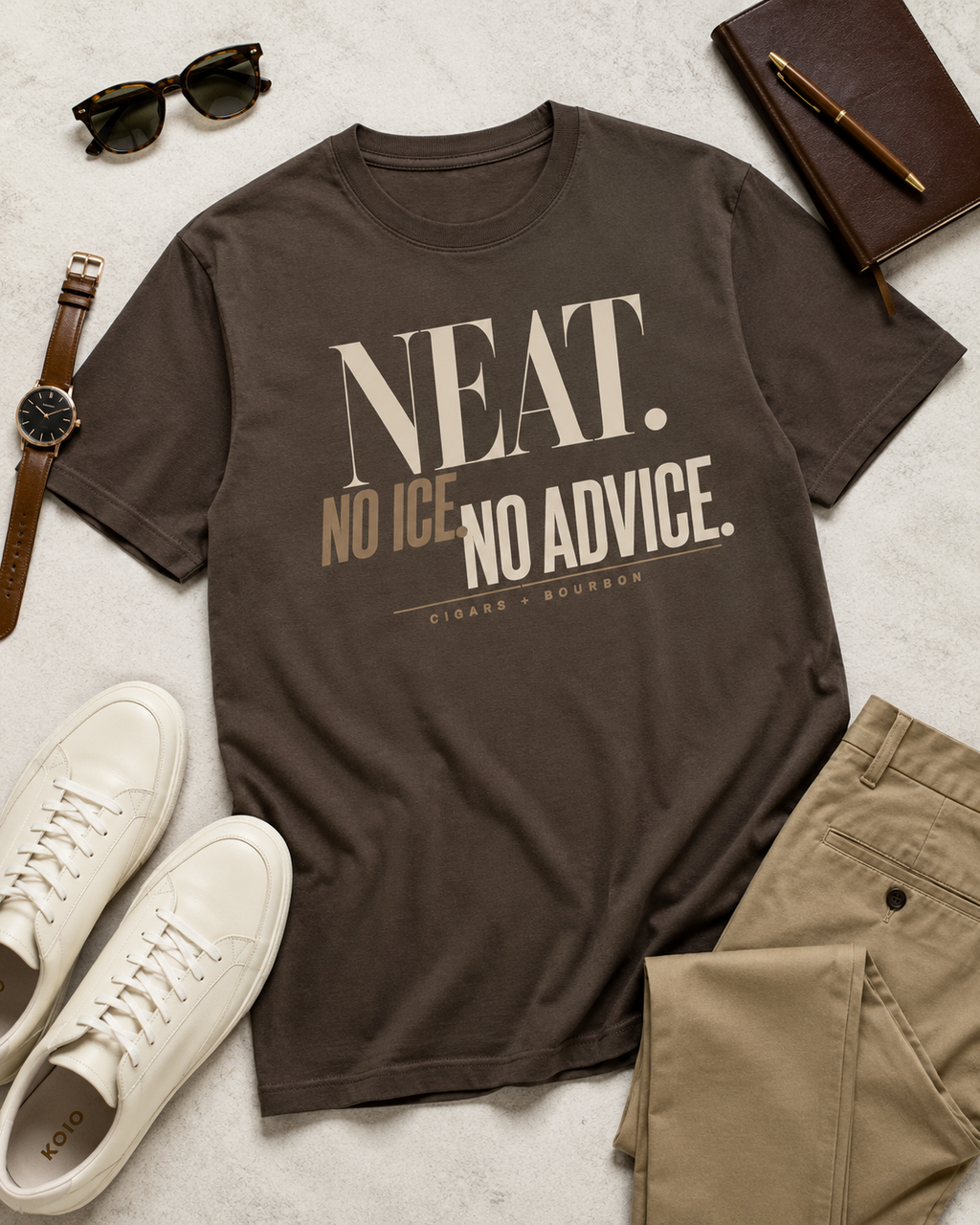 Neat No Ice No Advice men's statement tee in Espresso flat lay mockup