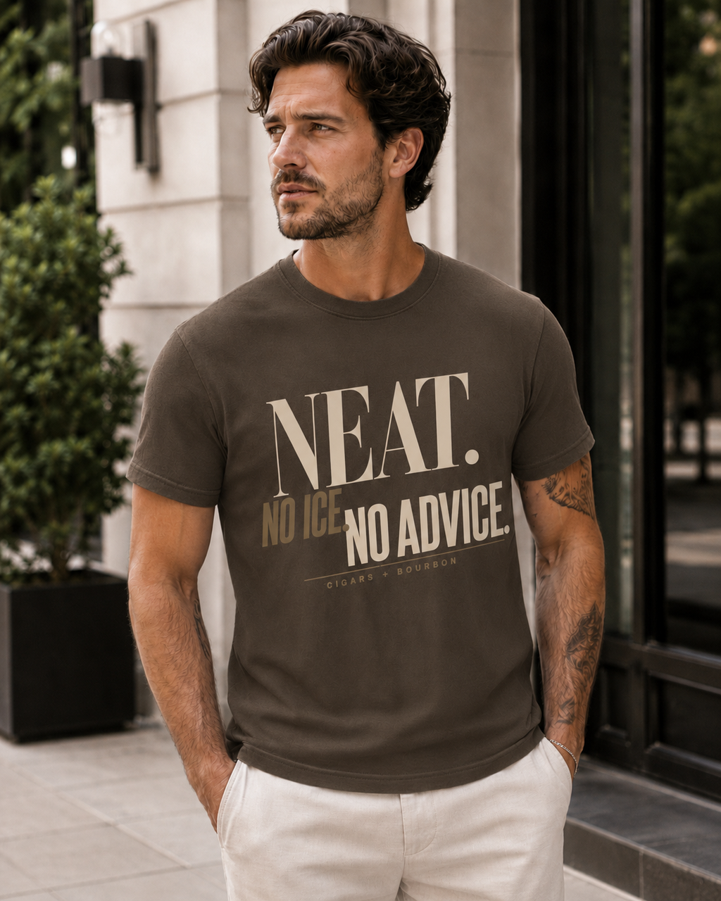 Neat No Ice No Advice men's statement tee in Espresso lifestyle mockup