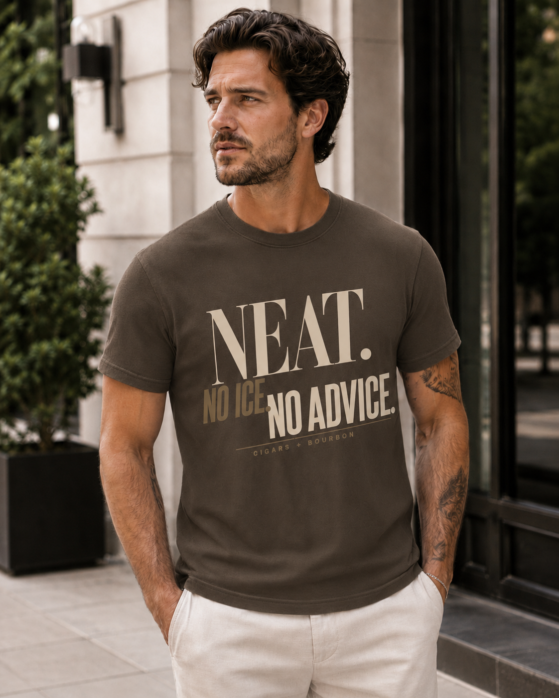 Neat No Ice No Advice men's statement tee in Espresso lifestyle mockup