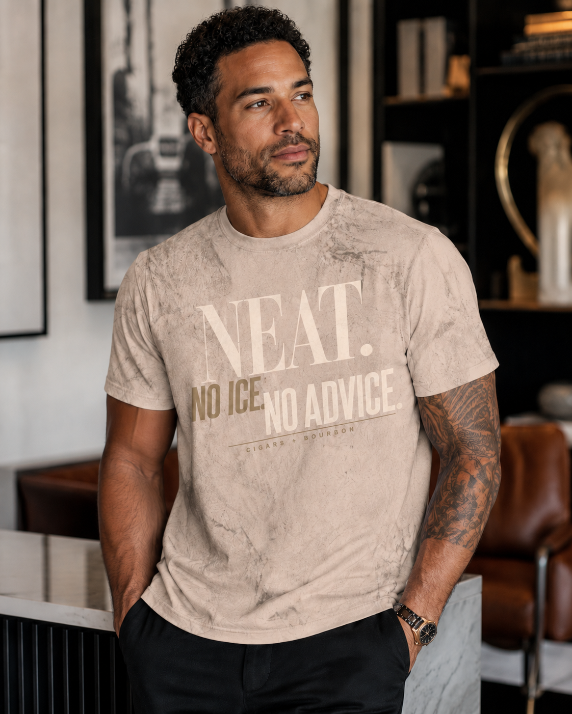 Neat No Ice No Advice men's statement tee in Pepper Gray lifestyle mockup