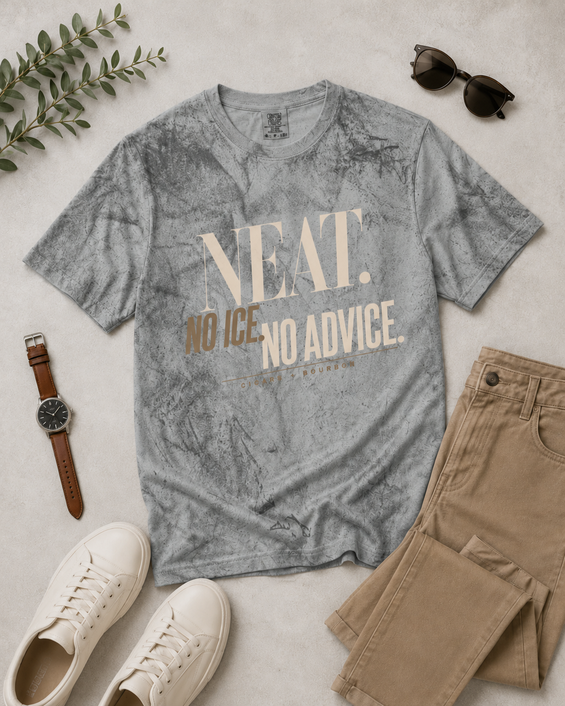 Neat No Ice No Advice men's statement tee in Smoke flat lay mockup