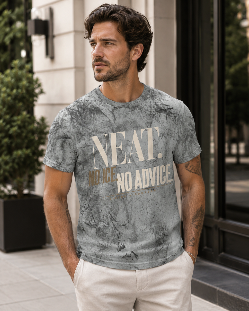 Neat No Ice No Advice men's statement tee in Smoke lifestyle mockup
