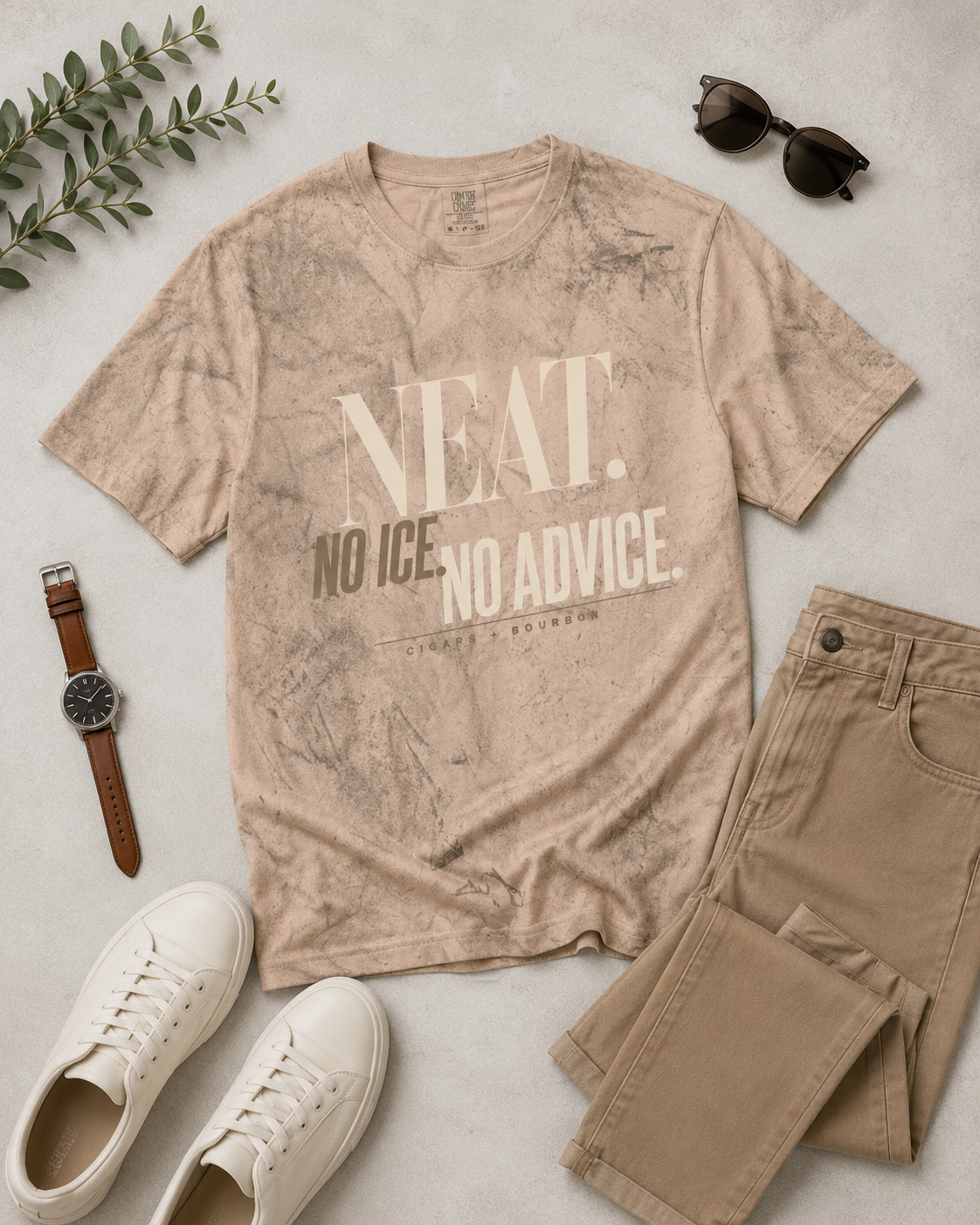 Neat No Ice No Advice men's statement tee in Umber flat lay mockup