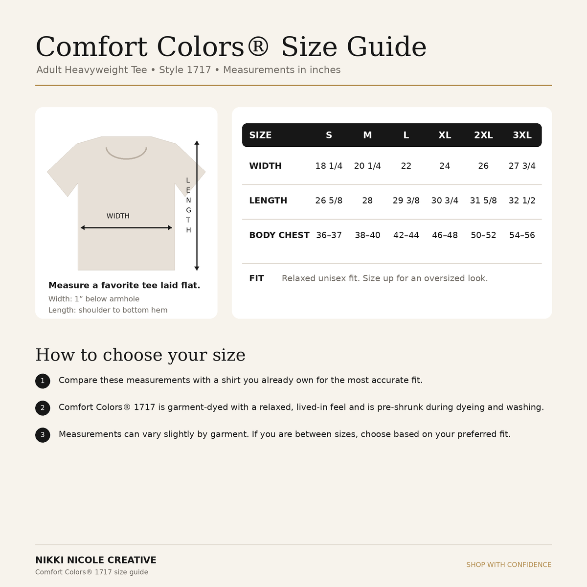 Comfort Colors 1717 adult heavyweight T-shirt size guide with width, length and body chest measurements