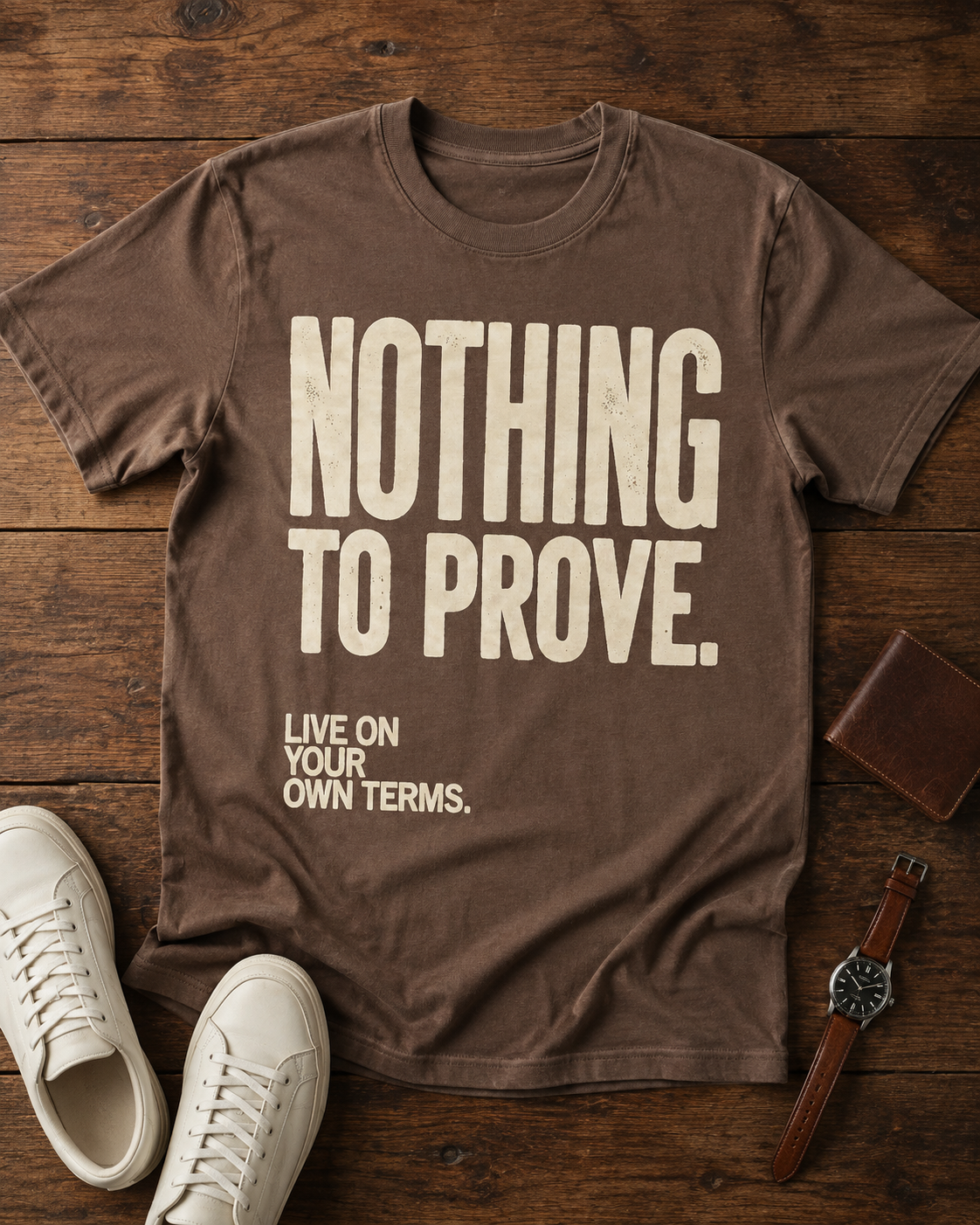Nothing to Prove men's graphic tee in Espresso, styled editorial flat lay