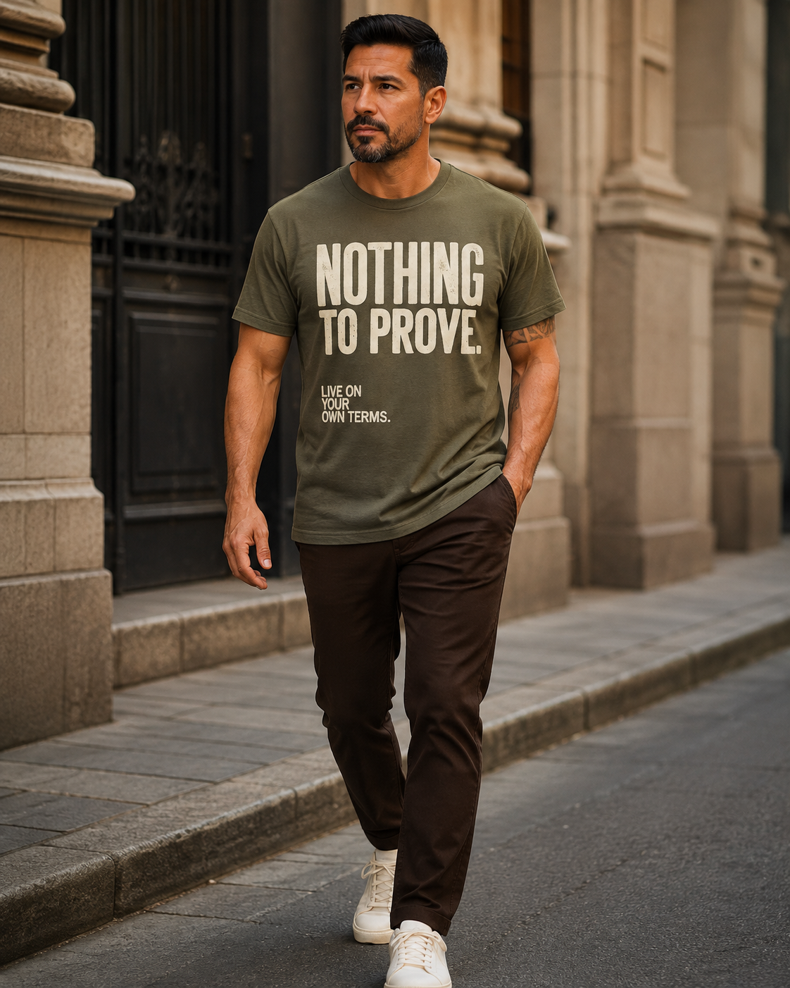 Man wearing Moss green Nothing to Prove men's graphic tee with brown trousers in an editorial city setting