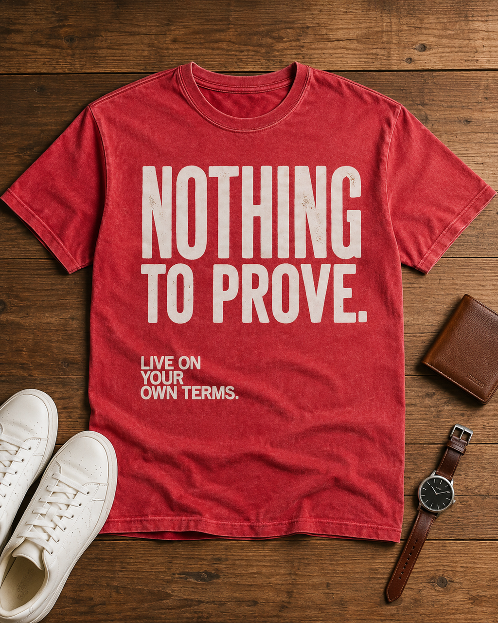 Nothing to Prove men's graphic tee in Red, styled editorial flat lay