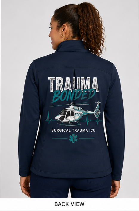 Personalized nurse jacket in River Blue Navy, back view
