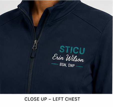 Personalized nurse jacket River Blue Navy left chest name detail