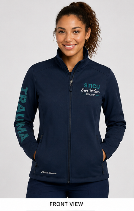 Personalized nurse jacket in River Blue Navy, front view