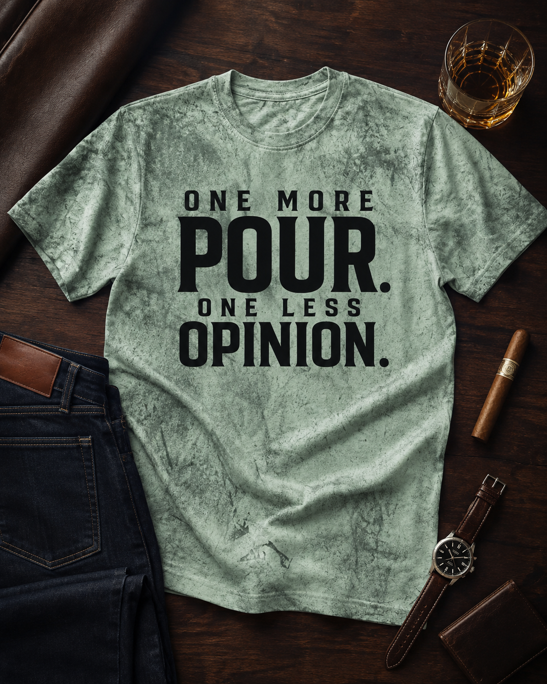 One More Pour One Less Opinion green Color Blast tee styled flat lay with dark denim and masculine accessories