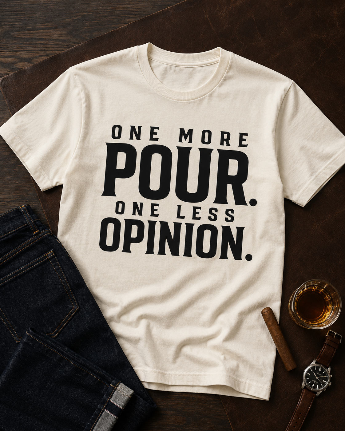 One More Pour One Less Opinion Ivory tee styled flat lay with dark denim and masculine accessories