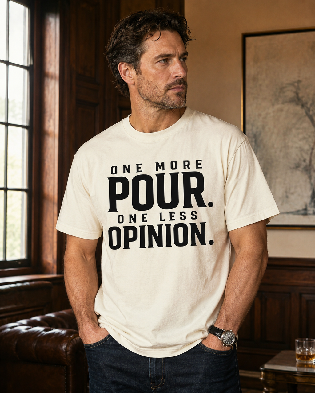 White man wearing One More Pour One Less Opinion statement tee in Ivory