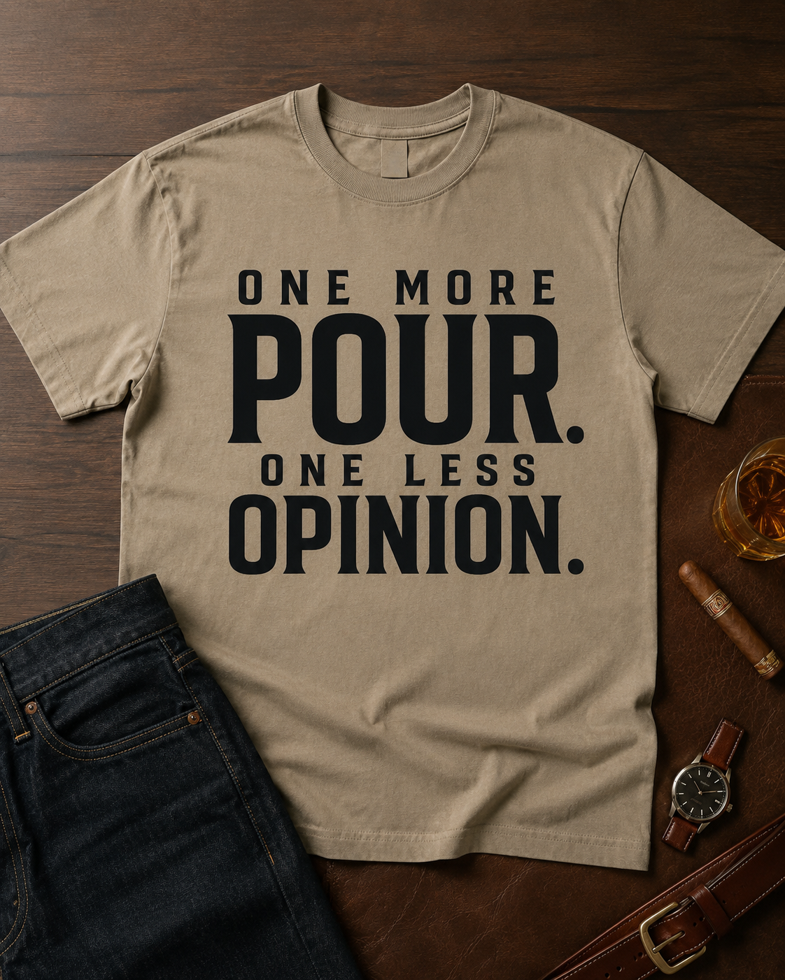 One More Pour One Less Opinion Khaki tee styled flat lay with dark denim and masculine accessories