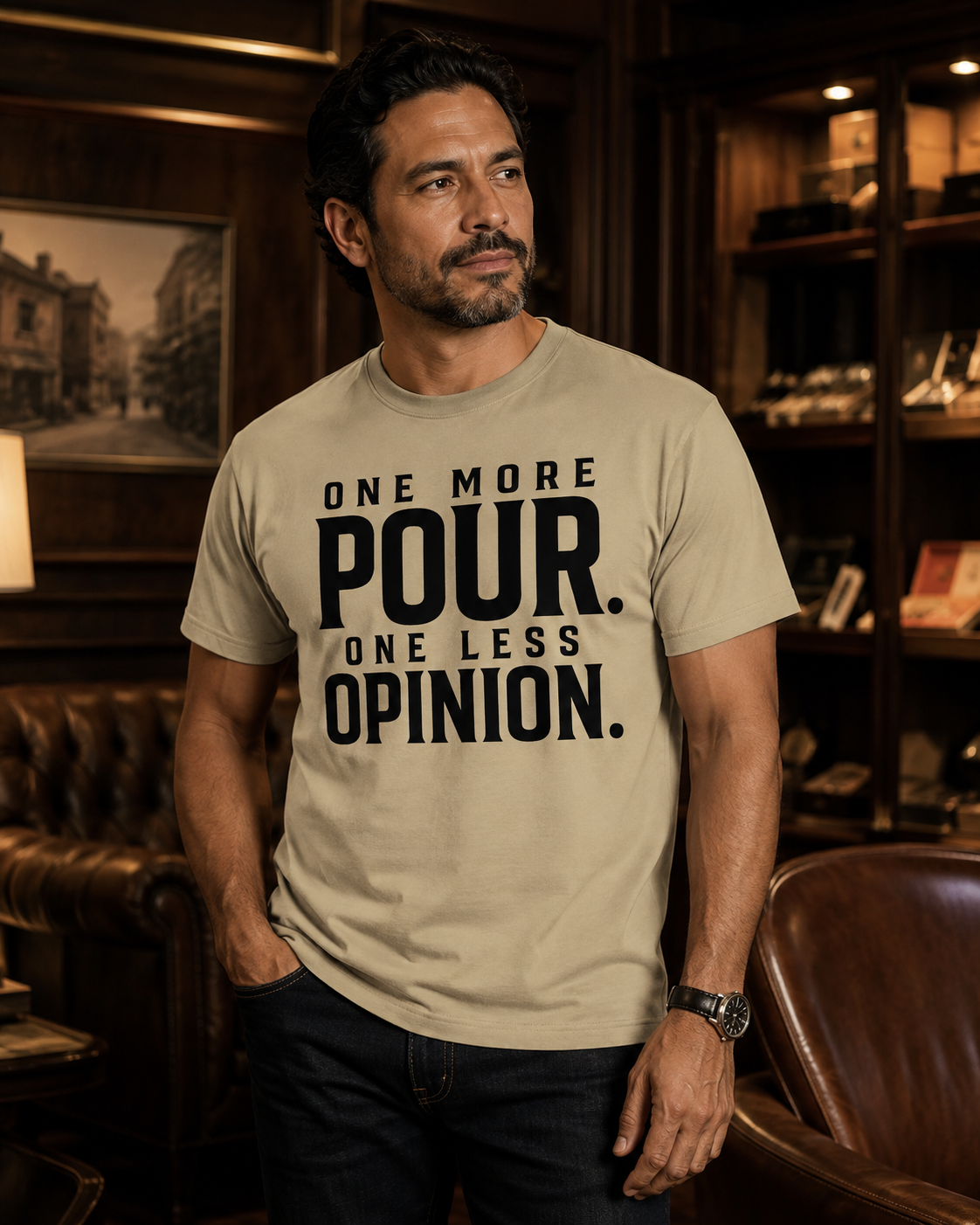 Hispanic man wearing One More Pour One Less Opinion statement tee in Khaki