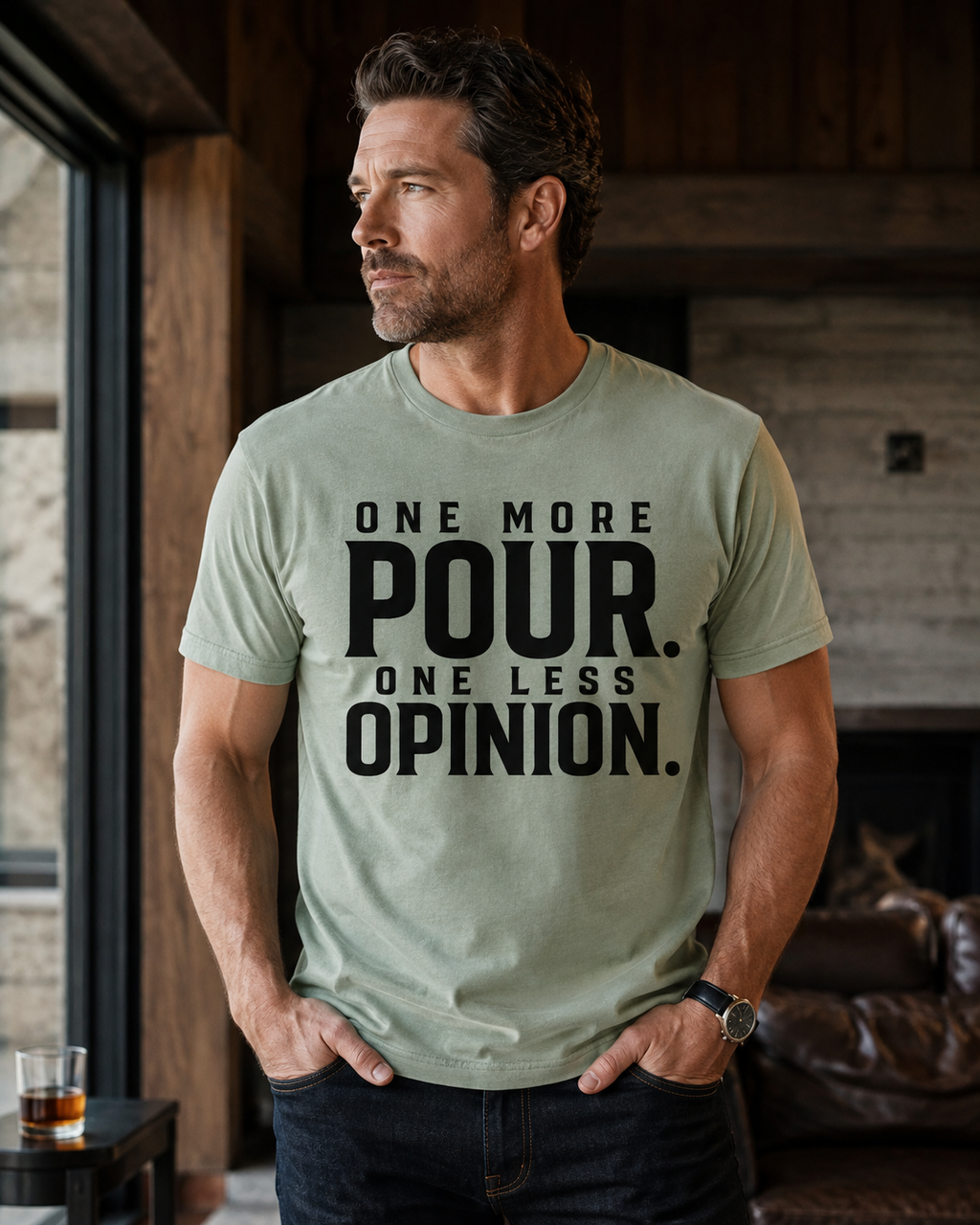 White man wearing One More Pour One Less Opinion statement tee in Sage