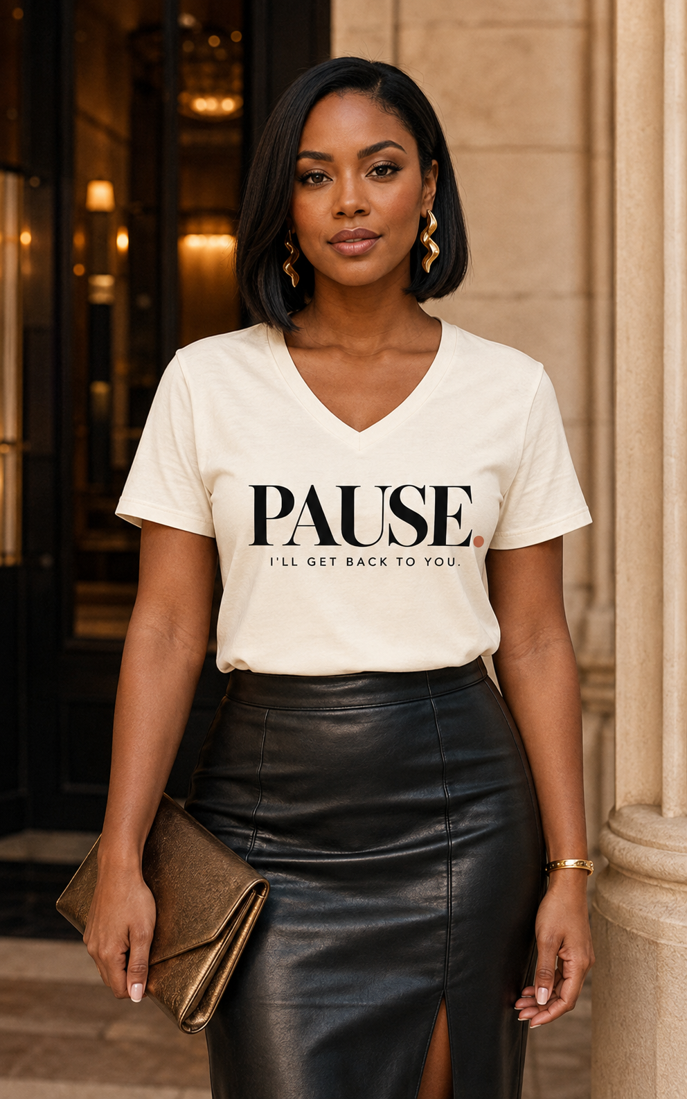 Black woman wearing the PAUSE I'll Get Back to You Natural V-neck statement tee in a close editorial lifestyle mockup