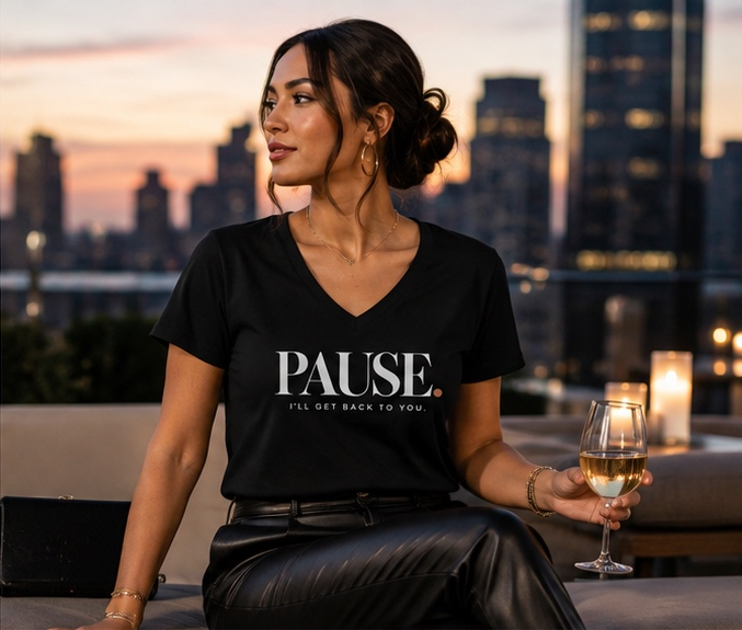 Woman wearing the PAUSE. I'll Get Back to You. women's V-neck statement tee in Black with black leather pants and gold hoop earrings for an evening look