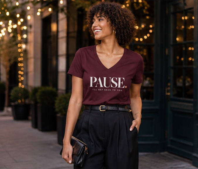 Woman wearing the PAUSE. I'll Get Back to You. women's V-neck statement tee in Maroon with tailored black trousers and a black clutch