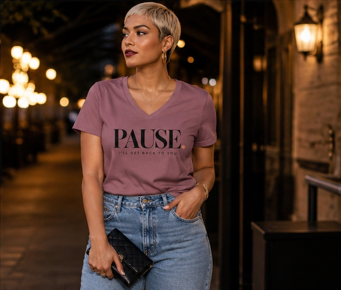 Woman wearing the PAUSE. I'll Get Back to You. women's V-neck statement tee in Mauve with light-wash denim, gold jewelry, and a black clutch