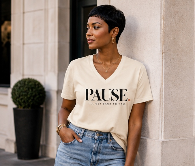 Woman wearing the PAUSE. I'll Get Back to You. women's V-neck statement tee in Natural with light-wash denim and gold jewelry