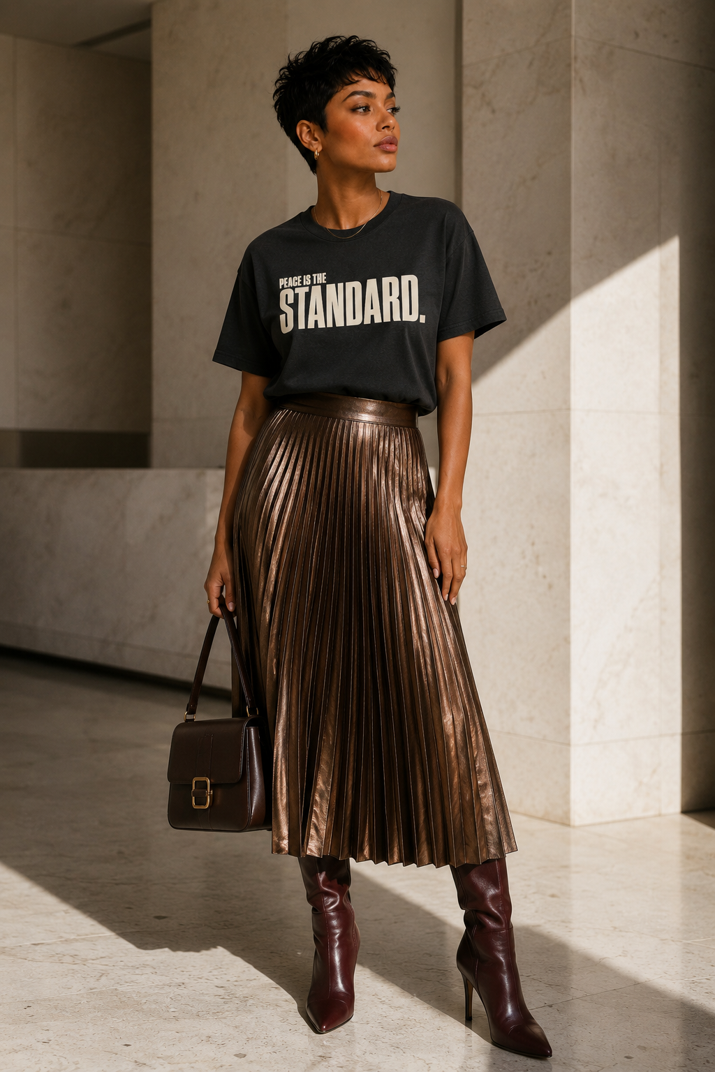 Black woman wearing the Peace Is the Standard Comfort Colors Black statement tee styled with a metallic bronze pleated skirt and oxblood boots.