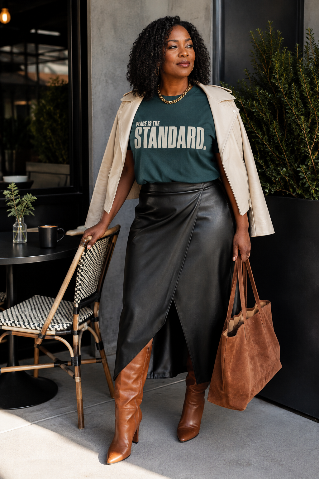 Black woman wearing the Peace Is the Standard Comfort Colors Blue Spruce statement tee with a black leather skirt and cognac boots.