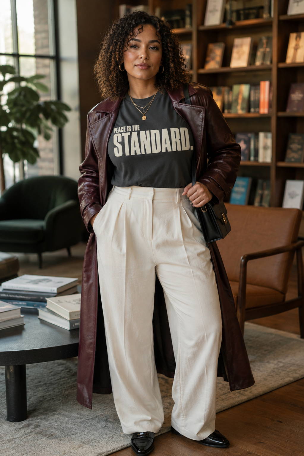 Afro-Latina woman wearing the Peace Is the Standard Comfort Colors Pepper statement tee with an oxblood leather trench and ivory trousers.