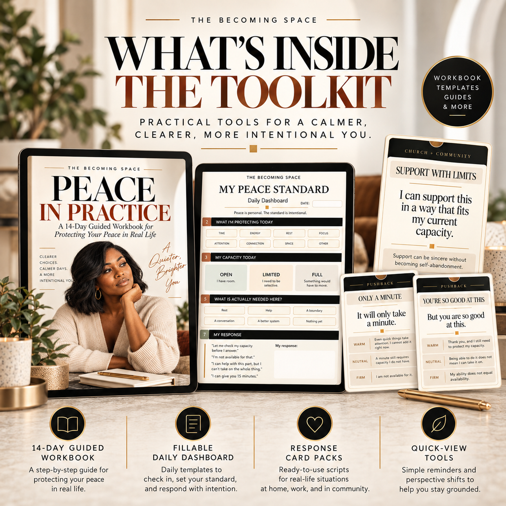 What's inside the Peace Is the Standard toolkit: 14-day guided workbook, fillable dashboard, response cards, and quick-view tools