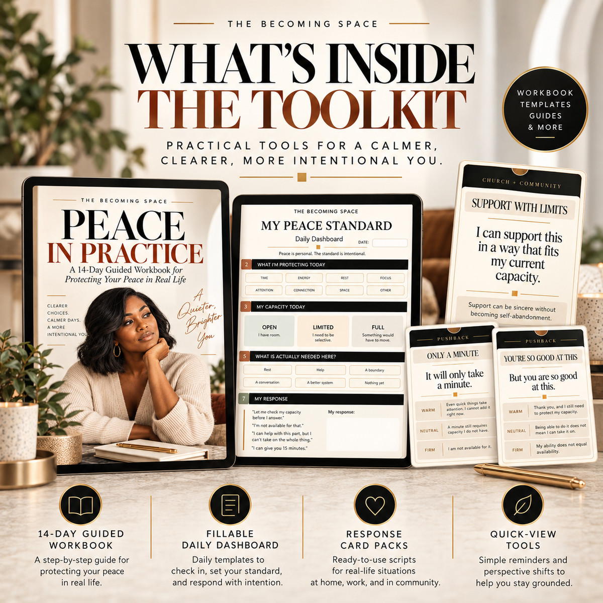 What's inside the Peace Is the Standard toolkit: 14-day guided workbook, fillable dashboard, response cards, and quick-view tools