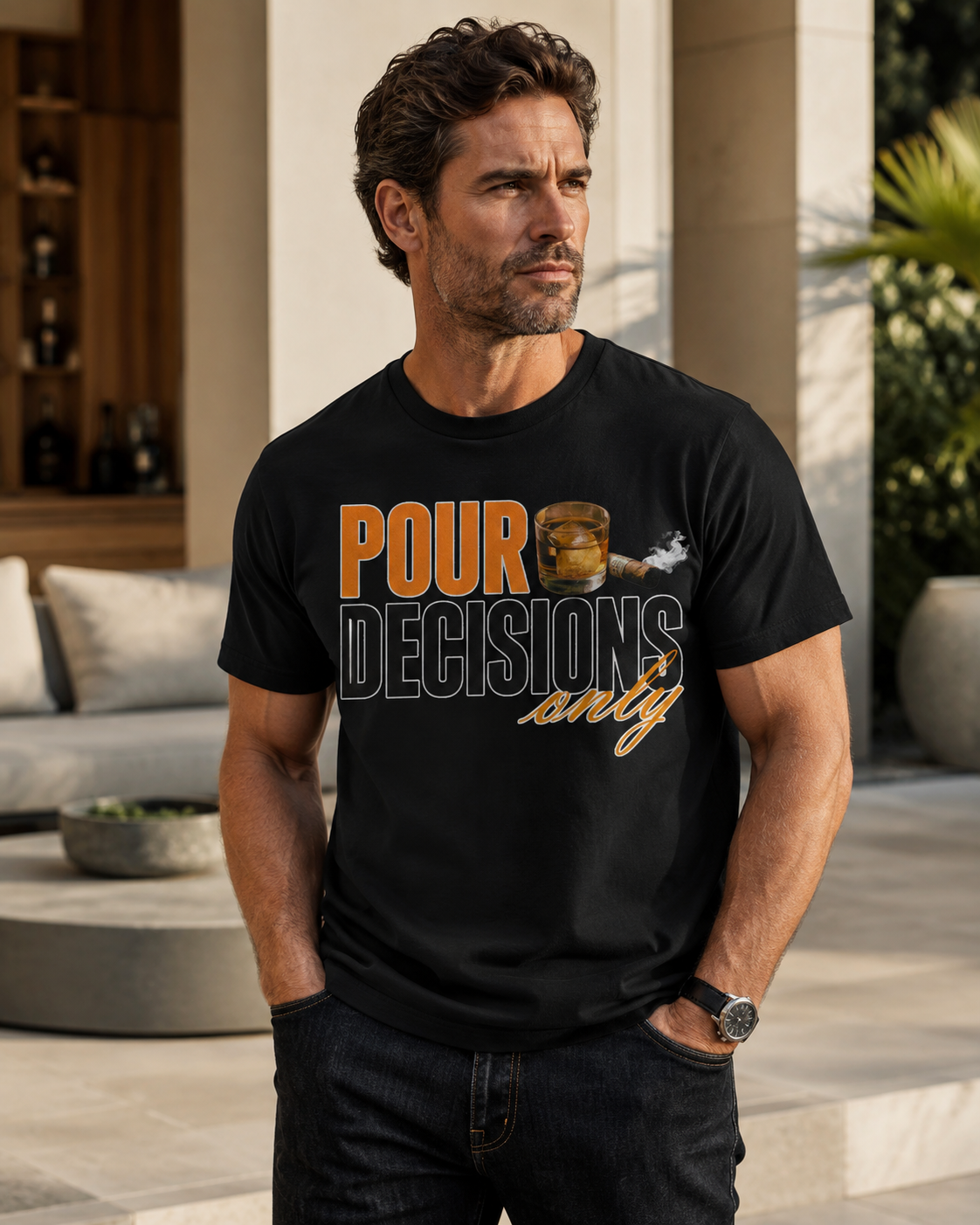 White male model wearing the Pour Decisions Only black graphic tee in a bright editorial lounge setting