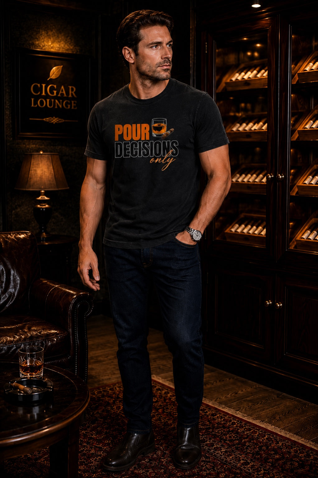 Male model wearing the Pour Decisions Only black graphic tee standing in a cigar lounge