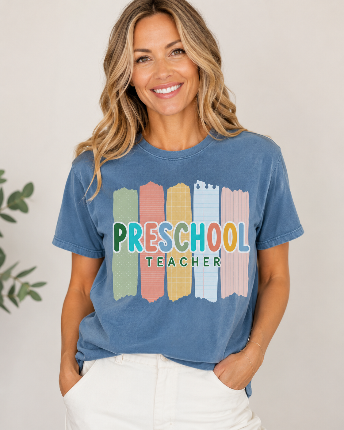 Preschool Teacher Comfort Colors tee in Denim lifestyle mockup