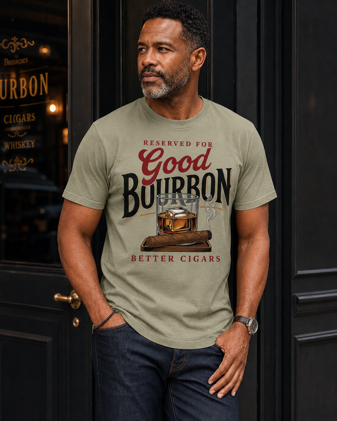 African American man wearing Reserved for Good Bourbon Better Cigars statement tee in khaki