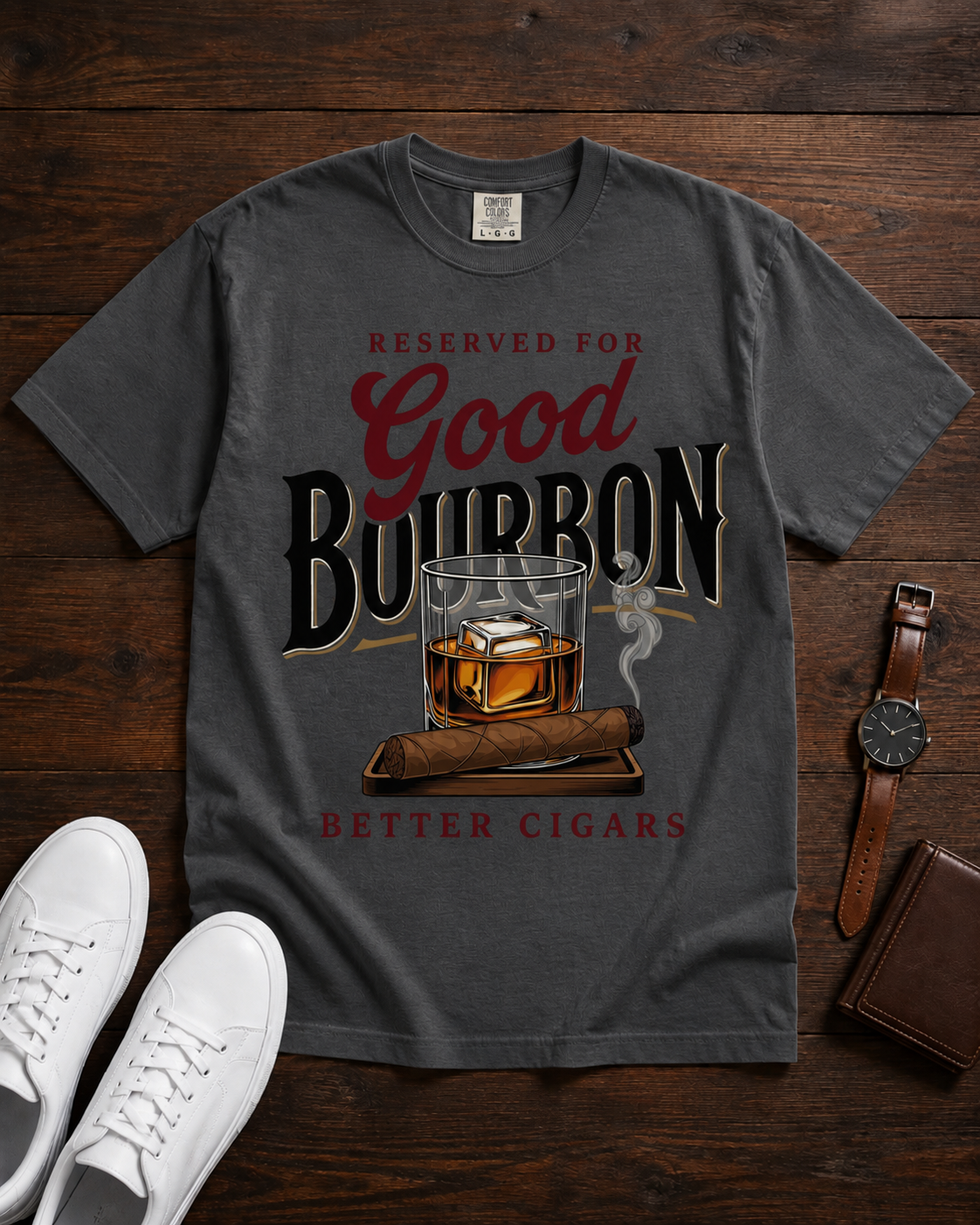 Reserved for Good Bourbon Better Cigars tee in pepper styled flat lay