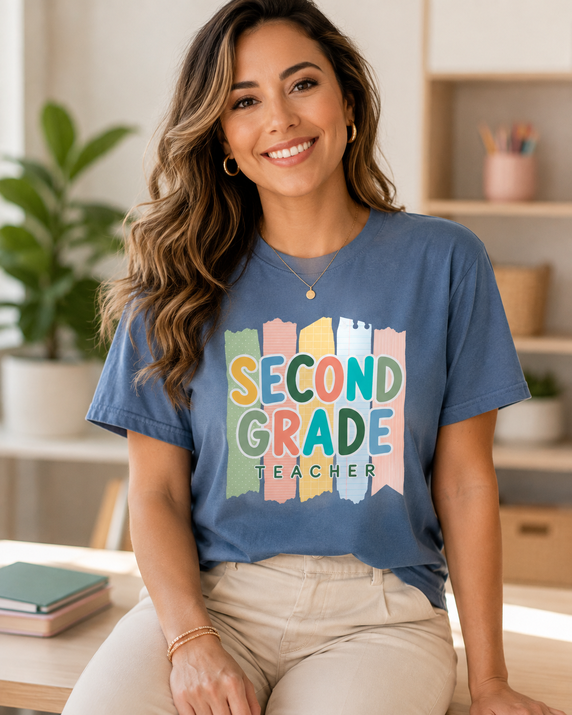 Second Grade Teacher Comfort Colors tee in Denim lifestyle mockup