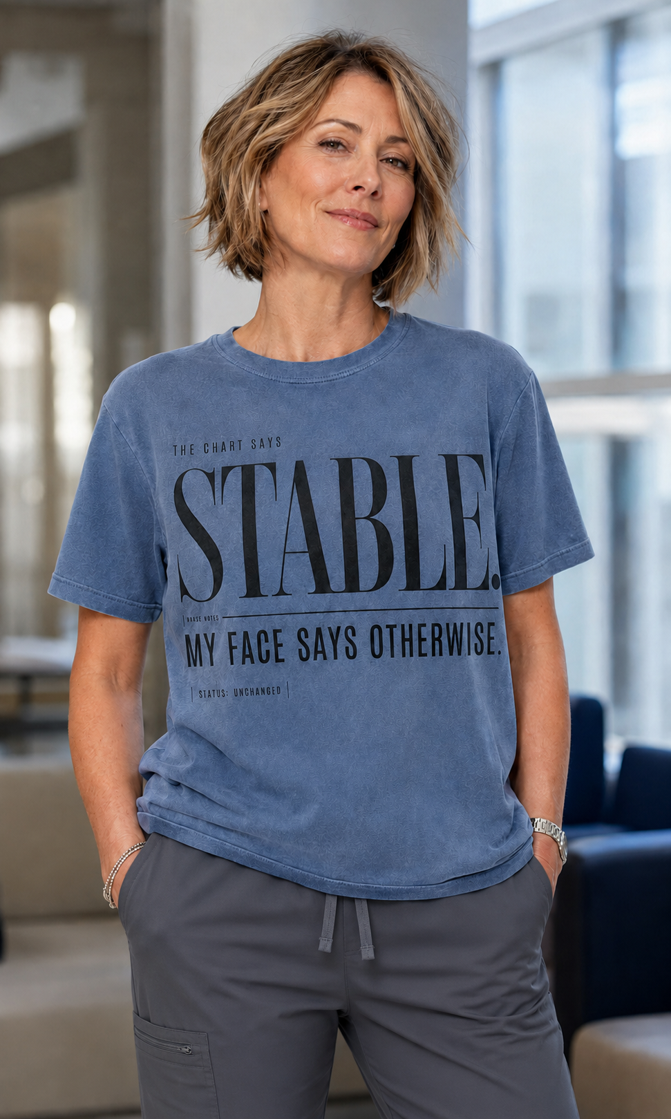 Nurse wearing Blue Jean Stable My Face Says Otherwise tee with scrub pants
